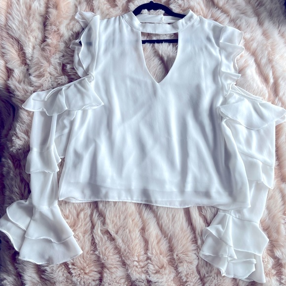 San Joy (Mendocino) Peep Shoulder White Blouse, Size Large. - Picture 2 of 8